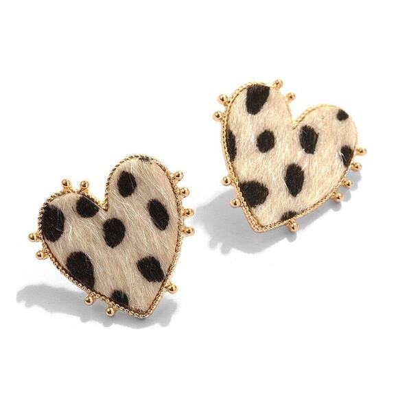 Gold Tone Texture Fur Animal Print Heart Earrings Stud Boho Artsy Leopard - Picture 3 of 5